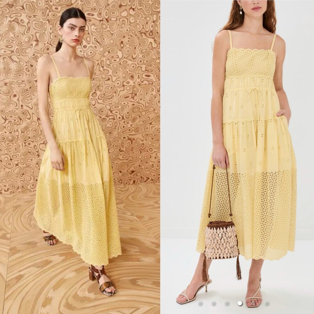 NWT Ulla Johnson Isadore Midi Dress Yellow Eyelet Preppy Beach Party Size 2